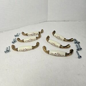 6 Vintage Brass Porcelain Floral Cabinet Dresser Drawer Pulls Handles